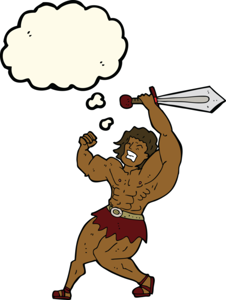 Bir insan tarafından çizilmiş düşünce balonlu barbar kahraman.