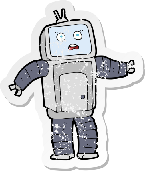 Bir insan tarafından çizilmiş komik bir robotun gerilimli çıkartması.
