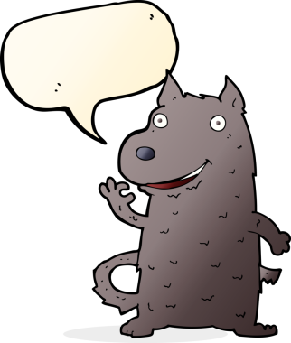 bir insan tarafından çizilmiş konuşma balonlu mutlu bir köpek.