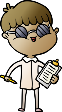 Bir insan tarafından çizilmiş gözlük takan çizgi film çocuğu.