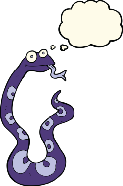Bir insan tarafından çizilmiş düşünce baloncuklu çizgi film yılanı.