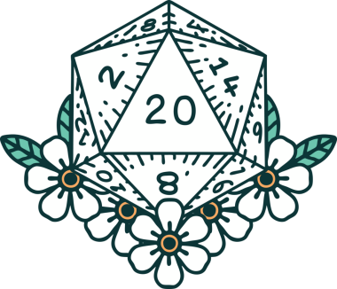 Retro Dövme Biçimi Doğal 20 D20 zar bir insan tarafından çizilmiş çiçek elementleriyle