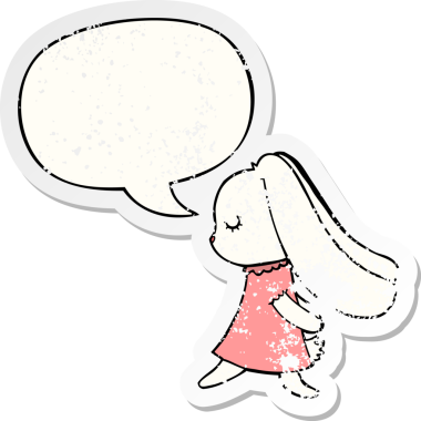 Konuşma baloncuğu olan sevimli çizgi film tavşanı bir insan tarafından çizilmiş sıkıntılı eski bir çıkartma