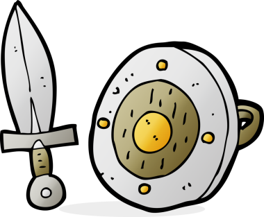 Bir insan tarafından çizilmiş kılıç ve kalkan.