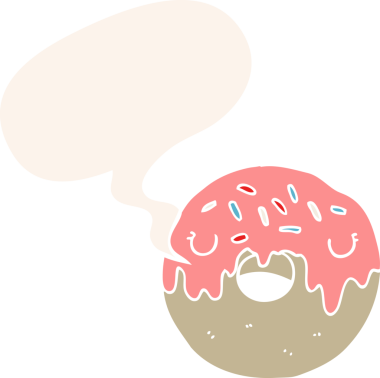 Bir insan tarafından çizilmiş, konuşma baloncuklu çizgi film donutu.