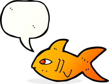 Bir insan tarafından çizilmiş konuşma balonlu çizgi film balığı.