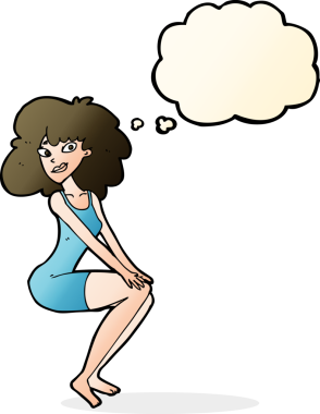 Bir insan tarafından çizilmiş düşünce baloncuğu giymiş bir kadın.