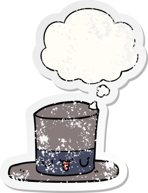 Düşünce baloncuklu çizgi film şapkası bir insan tarafından çizilmiş yıpranmış bir çıkartma.