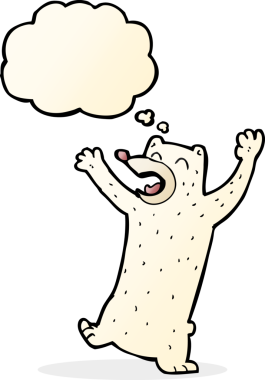 Bir insan tarafından çizilmiş düşünce baloncuklu kutup ayısı çizgi filmi.