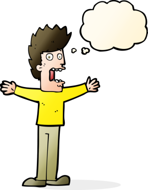 Bir insan tarafından çizilmiş düşünce baloncuğuyla dehşete düşmüş bir adam.