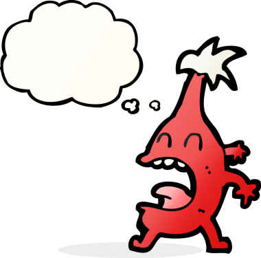 Bir insan tarafından çizilmiş düşünce baloncuğu olan komik bir Noel yaratığı.