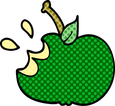 Bir insan tarafından çizilmiş sulu, ısırılmış bir elma.