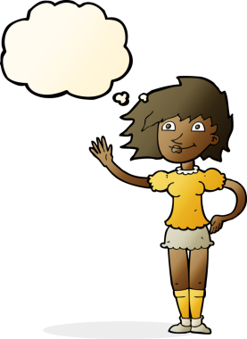 Bir insan tarafından çizilmiş düşünce baloncuğuyla el sallayan çizgi film kadını.