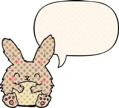 Bir insan tarafından çizilmiş çizgi roman tarzında konuşma balonu olan sevimli çizgi film tavşanı.