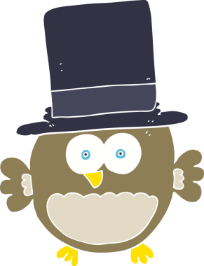 Bir insan tarafından çizilmiş silindir şapkalı baykuşun düz renk çizimi