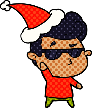 Bir insan tarafından çizilmiş Noel Baba şapkası giyen havalı bir adamın el çizimi çizgi roman çizimi.