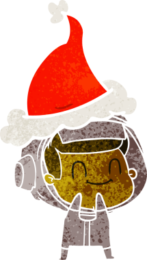 Mutlu el çizimi, Noel Baba şapkası takan bir astronotun insan tarafından çizilmiş retro karikatürü.