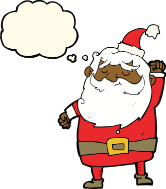 Bir insan tarafından çizilmiş düşünce baloncuğuyla havayı yumruklayan Noel Baba çizgi filmi.