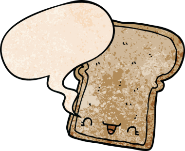 Bir insan tarafından çizilmiş geçmişe dönük konuşma baloncuklu şirin bir ekmek dilimi.