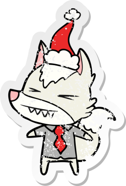 Kızgın kurt patronun eli, bir insan tarafından çizilmiş Noel Baba şapkasının üzgün çıkartması çizilmiş.