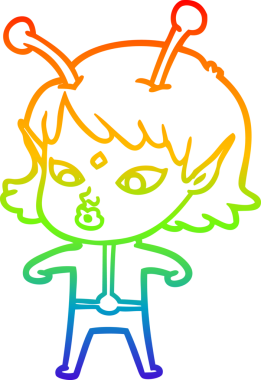 Gökkuşağı gradyan çizgisi bir insan tarafından çizilmiş güzel bir uzaylı kızın çizimi.