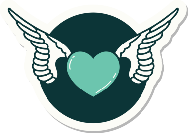 Bir insan tarafından çizilmiş kanatlı bir kalbin geleneksel stiliyle dövme çıkartması.