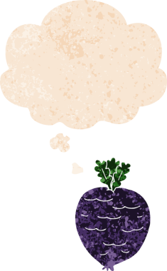 Düşünce baloncuklu karikatür kökü sebzesi grunge sıkıntılı retro dokuma tarzı bir insan tarafından çizilmiş
