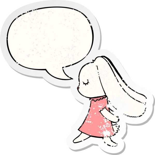 Konuşma baloncuğu olan sevimli çizgi film tavşanı bir insan tarafından çizilmiş sıkıntılı eski bir çıkartma