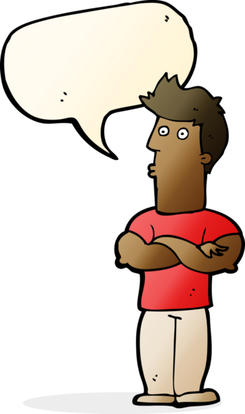 Bir insan tarafından çizilmiş, kolları katlanmış, konuşma balonu olan çizgi film adamı.