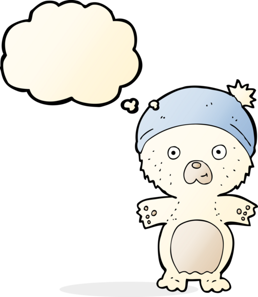 şapkalı şirin kutup ayısı. Düşünce baloncuğu insan tarafından çizilmiş.