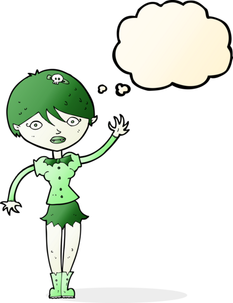 Bir insan tarafından çizilmiş düşünce balonuyla el sallayan vampir kız.