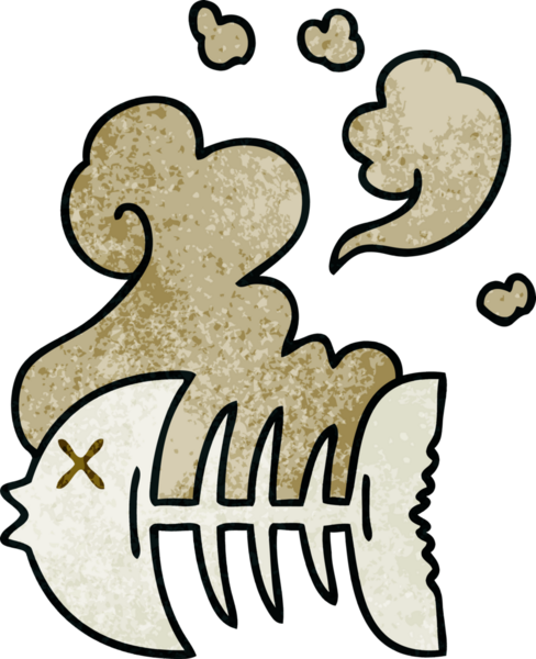 Bir insan tarafından çizilmiş garip bir karikatür ölü balık iskeleti.