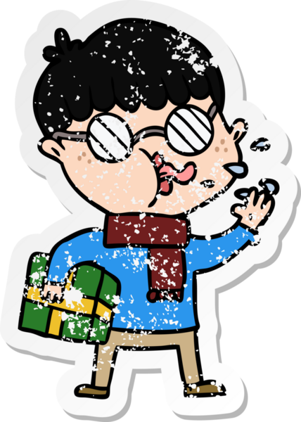 Bir insan tarafından çizilmiş noel hediyeli gözlük takan bir çizgi film çocuğunun sıkıntılı çıkartması.