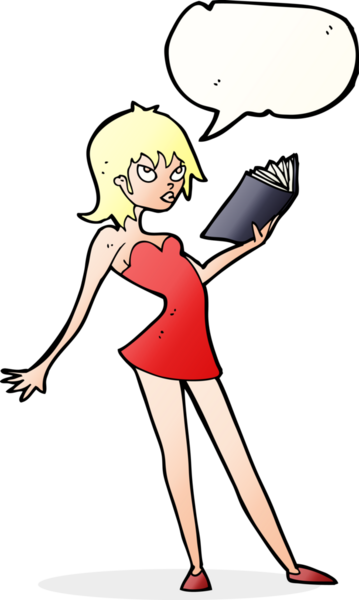 Bir insan tarafından çizilmiş konuşma balonlu kitap okuyan karikatür kadın.