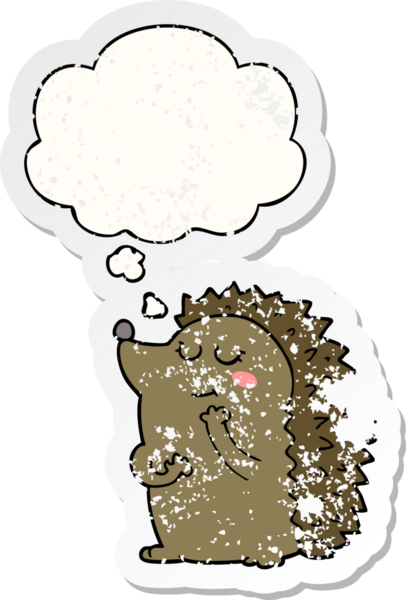 Düşünce baloncuğu olan şirin bir kirpi çizgi film karakteri insan tarafından çizilmiş yıpranmış bir çıkartma gibi.