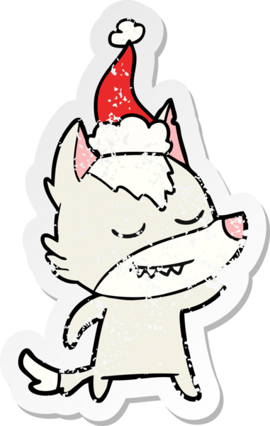 Dost canlısı el, bir insan tarafından çizilmiş Noel Baba şapkası takan bir kurt çıkartması çizmiş.