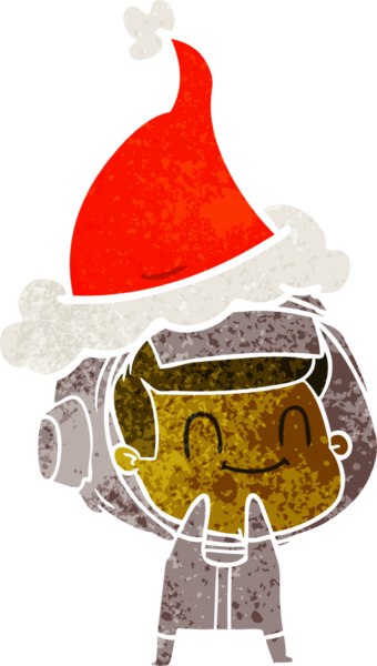 Mutlu el çizimi, Noel Baba şapkası takan bir astronotun insan tarafından çizilmiş retro karikatürü.