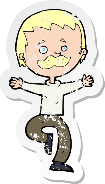 Bir insan tarafından çizilmiş bıyıklı, dans eden bir çizgi film karakterinin gerilimli çıkartması.