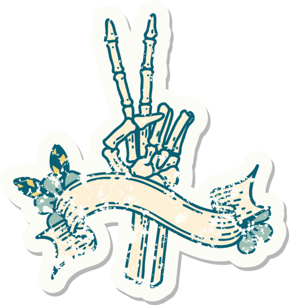 İskelet sancağıyla eski bir çıkartma. Bir insan tarafından çizilmiş barış işareti.