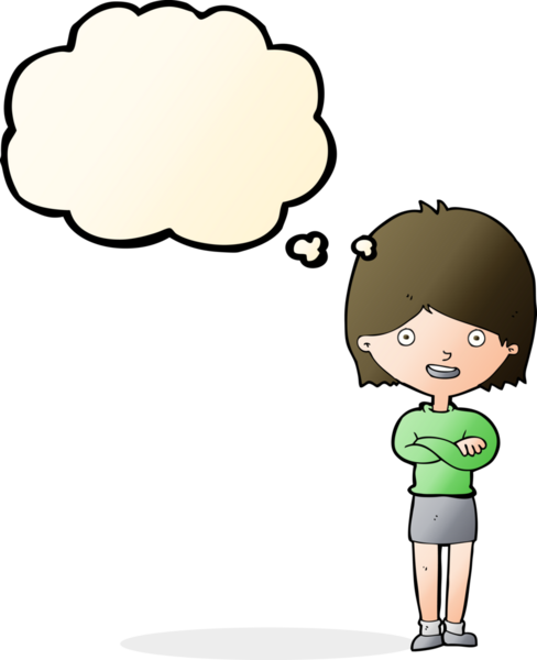 Bir insan tarafından çizilmiş düşünce balonlu mutlu kadın çizgi filmi.