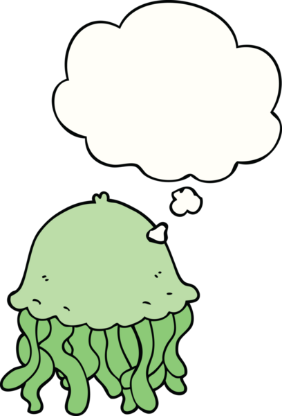 Bir insan tarafından çizilmiş düşünce baloncuklu denizanası çizgi filmi.