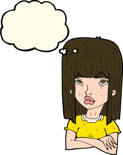 Bir insan tarafından çizilmiş düşünce balonuyla kollarını kavuşturmuş çizgi film kızı.