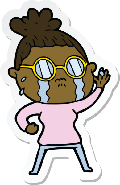 Bir insan tarafından çizilmiş gözlüklü, ağlayan bir kadının çıkartması.