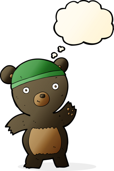 Bir insan tarafından çizilmiş düşünce baloncuğu olan sevimli çizgi film kara ayısı.