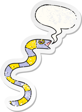 Konuşma balonlu tıslayan çizgi film yılanı bir insan tarafından çizilmiş sıkıntılı eski bir çıkartma.