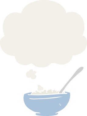 Düşünce baloncuklu pirinç kasesi insan tarafından çizilmiş.