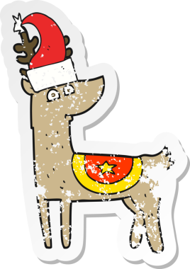 Bir insan tarafından çizilmiş Noel şapkası takan karikatür ren geyiği çıkartması.
