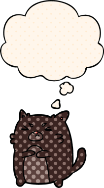 Çizgi roman tarzında bir insan tarafından çizilmiş düşünce baloncuklu kızgın bir kedi.