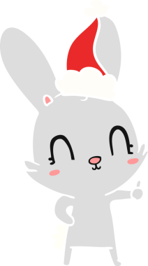 Bir insan tarafından çizilmiş Noel Baba şapkası takan bir tavşanın düz renkli çizimi.