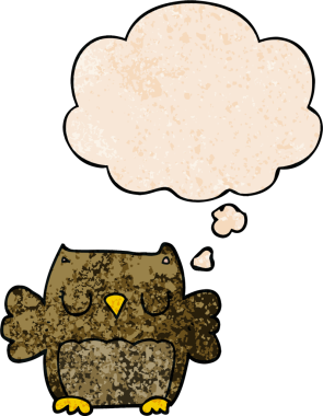 Bir insan tarafından çizilmiş grunge doku tarzında düşünce baloncuğu olan sevimli çizgi film baykuşu.